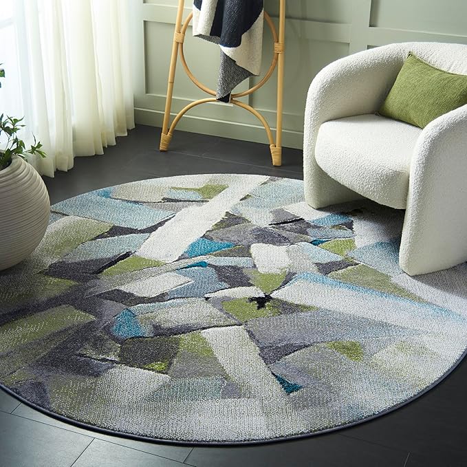 SAFAVIEH Porcello Collection Area Rug - 6'7" Round, Green & Grey, Slip Resistant, Abstract Pattern, Non-Shedding & Easy Care, Ideal for Living Room, Foyer, Bedroom (PRL6937Y-7R)