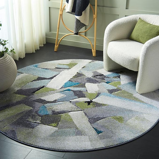 SAFAVIEH Porcello Collection Area Rug - 6'7" Round, Green & Grey, Slip Resistant, Abstract Pattern, Non-Shedding & Easy Care, Ideal for Living Room, Foyer, Bedroom (PRL6937Y-7R)