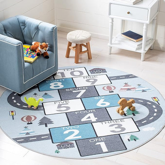 SAFAVIEH Washable Rug Kids Playhouse Collection - 6'7" Round, Grey & Blue, Slip Resistant & Easy to Clean, Ideal for Kids Room, Playroom, Nursery, Boys & Girls Room (KPH226F)