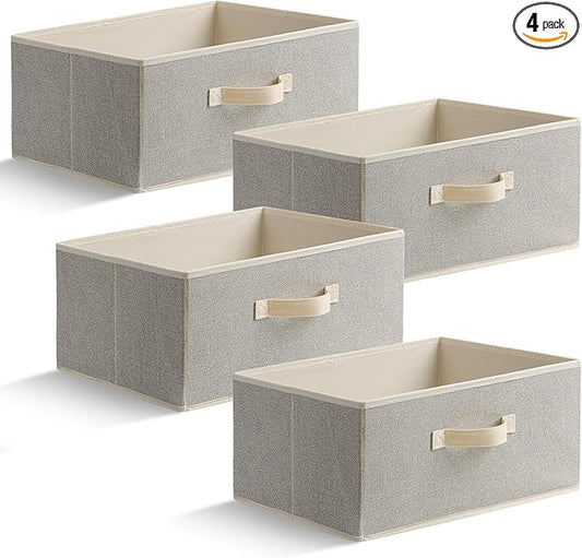15.7 Inch Storage Baskets, Woven Fabric Bins, Storage Cubes with Reinforced Handles, Organizer Bins for Closet Shelves, Foldable, for Clothes (Beige, 4PCS/15.7*11*7.8inch)