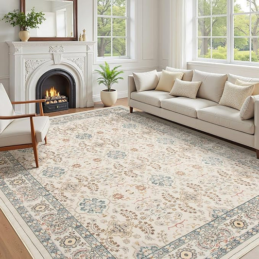 Vintage Living Room Area Rug 9x12 - Large Soft Washable Oriental Traditional Distressed Farmhouse Rugs for Bedroom - Indoor Floor Accent Carpet for Home Office House Decor - Multi