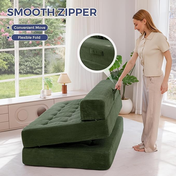MAXYOYO Folding Sofa Couch, Convertible Floor Sleeper Couch with 3 Pillows, Tufted Floor Oversized Loveseat Couch Tufted Fold Out Chair Bed Comfy Sofa Lounge for Living Room Bedroom, Dark Green