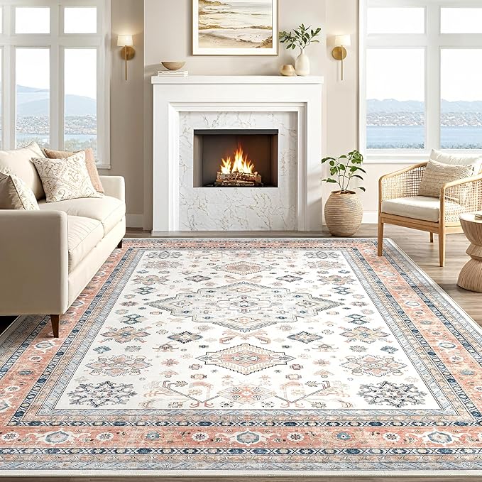 Vintage Living Room Area Rug 6x9 - Large Soft Washable Oriental Traditional Distressed Farmhouse Rugs for Bedroom - Indoor Floor Accent Carpet for Home Office House Decor - Coral Pink