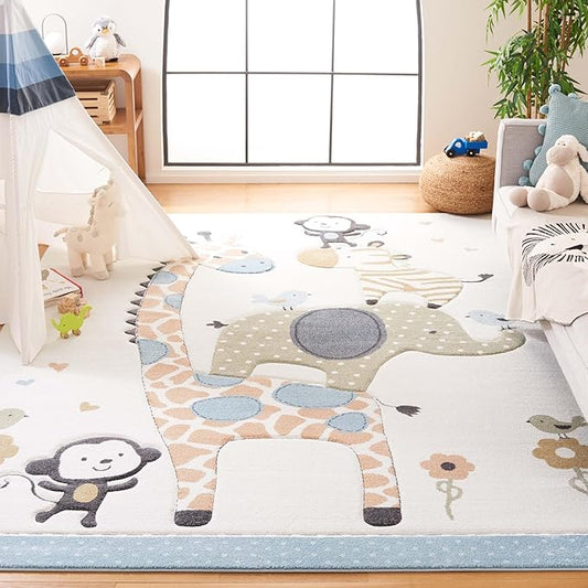 SAFAVIEH Carousel Kids Collection Area Rug - 8' x 10', Ivory, Animal Design, Non-Shedding & Easy Care, Ideal for High Traffic Areas for Boys & Girls in Playroom, Nursery, Bedroom (CRK120A)