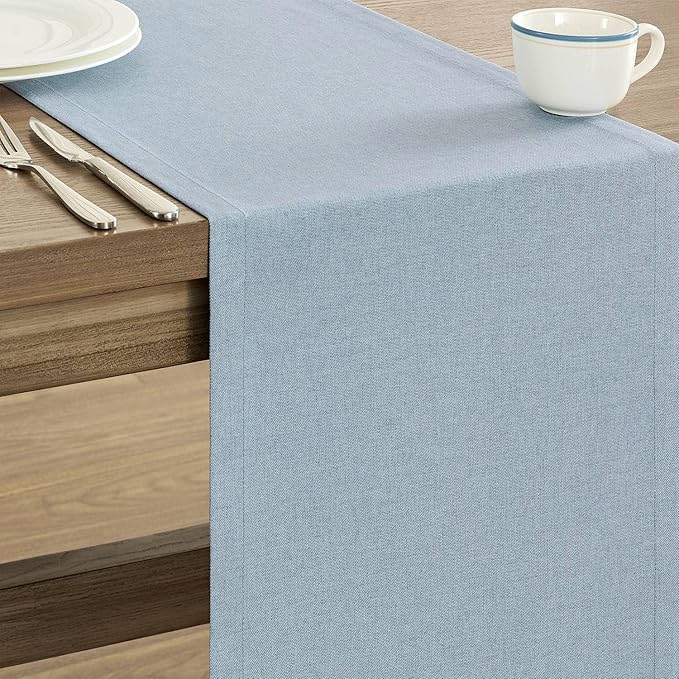 ZeeMart Basic Linen Style Table Runner, 14 x 90 Inch Blue Chambray, Rustic Farmhouse Light Dusty Blue Table Runners 90 Inches Long, Everyday Polyester Table Runner - Machine Washable & Easy Care