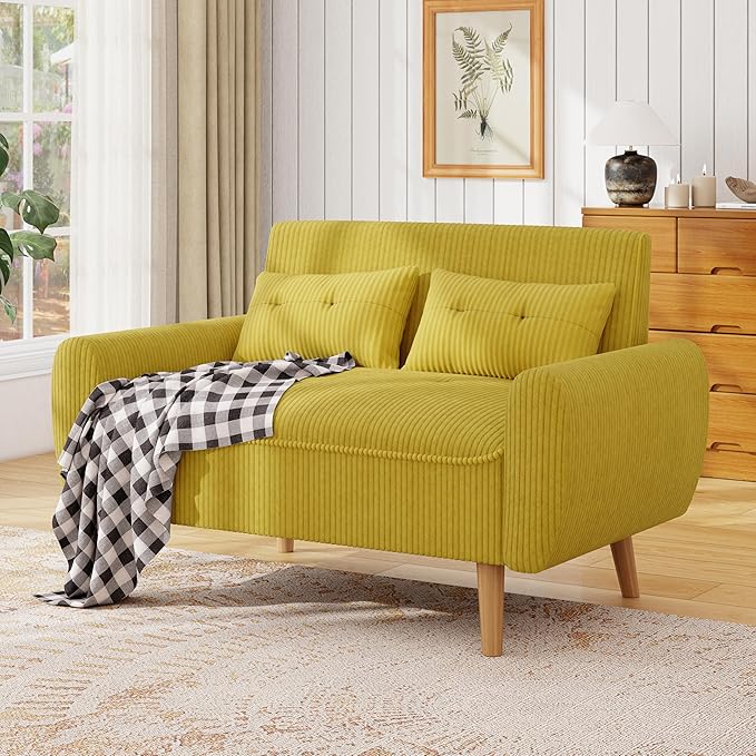 JAMFLY 47'' Small Loveseat Sofa, 2 Seat Compact Couch with Tapered Legs, Yellow Upholstered Furniture, Solid Wood Frame, Comfy Foam Cushion, Easy Assembly for Small Spaces