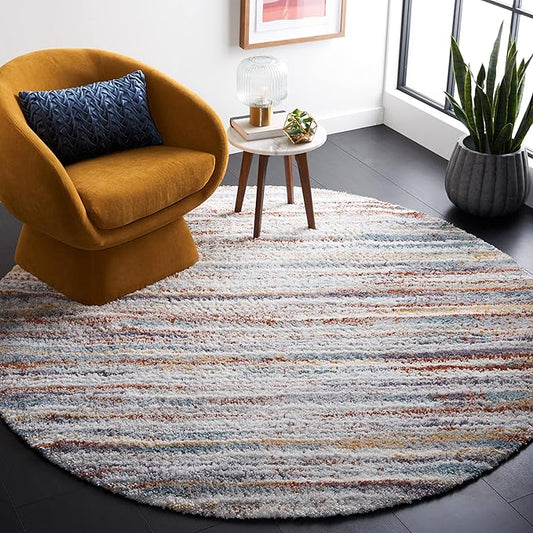 SAFAVIEH Berber Shag Collection Area Rug - 8' Round, Blue Rust & Ivory, Stripe Design, 1.2-inch Thick Ideal for High Traffic Areas in Living Room, Bedroom, Dining (BER565A-8R)