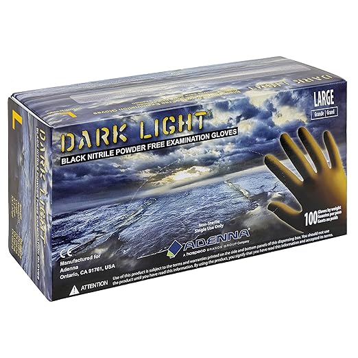 Adenna Dark Light 9 mil Nitrile Powder Free Exam Gloves (Black), Large - Box of 100 (DLG676)
