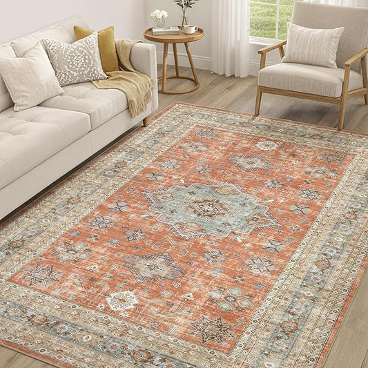 Vintage Living Room Area Rug 6x9 - Large Soft Washable Oriental Traditional Distressed Farmhouse Rugs for Bedroom - Indoor Floor Accent Carpet for Home Office House Decor - Orange