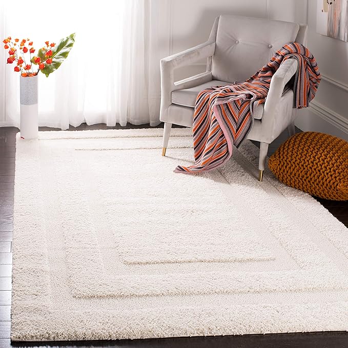SAFAVIEH Florida Shag Collection Accent Rug - 2' x 3', Cream & Cream, Border Design, Non-Shedding & Easy Care, 1.2-inch Thick Ideal for High Traffic Areas in Foyer, Living Room, Bedroom (SG454-1111-2)