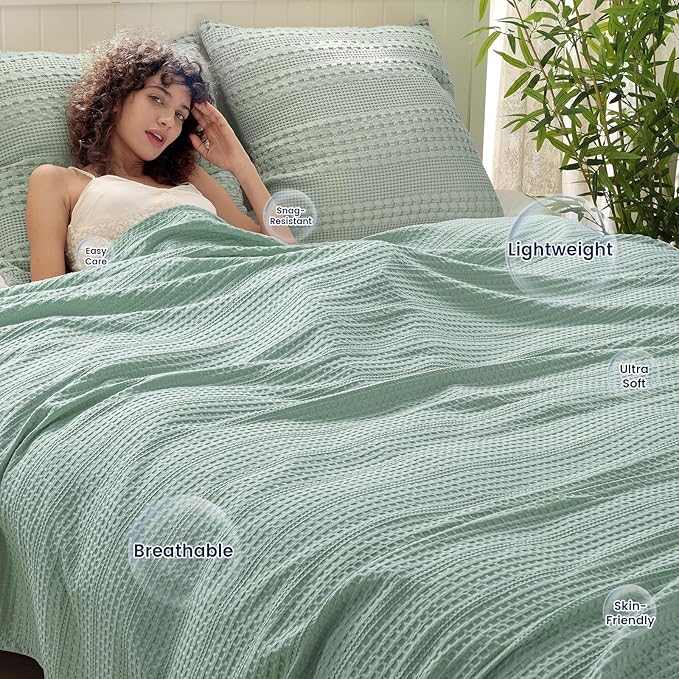 PHF Lightweight Waffle Weave Blanket King Size 104"x 90", Soft Woven Summer Blanket for Hot Sleepers - Aesthetic Home Decor for Couch Bed Sofa, Pet Friendly, Sage Green