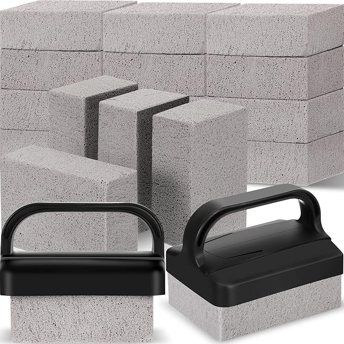 16 Pcs Pumice Stones Scrubbing Grill Griddle Cleaning Brick Block Grill Cleaning Stone Griddle Scrubber Cleaner with 2 Pcs Handle for Outdoor BBQ Oven Flat Top Cookers Remove Greases Stains