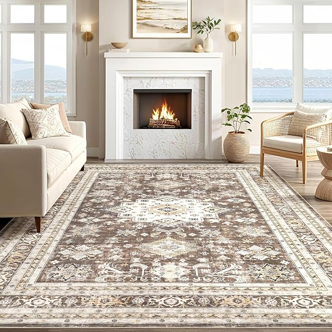 Vintage Living Room Area Rug 8X11 - Large Soft Washable Oriental Traditional Distressed Farmhouse Rugs for Bedroom - Indoor Floor Accent Carpet for Home Office House Decor - Dark Brown