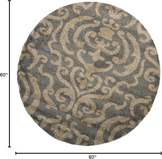 SAFAVIEH Florida Shag Collection 5' Round Grey/Beige SG462 Damask Non-Shedding Living Room Bedroom Dining Room Entryway Plush 1.2-inch Thick Area Rug