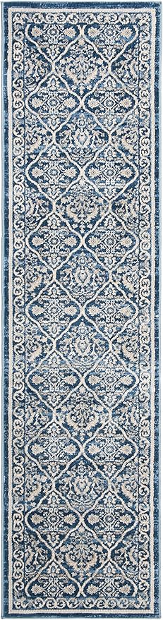 SAFAVIEH Brentwood Collection 2' x 10' Navy / Light Grey BNT870M Oriental Damask Trellis Non-Shedding Living Room Entryway Foyer Hallway Bedroom Runner Rug