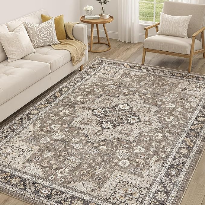 Vintage Living Room Area Rug 7x9 - Large Soft Washable Oriental Traditional Distressed Farmhouse Rugs for Bedroom - Indoor Floor Accent Carpet for Home Office House Decor - Brown