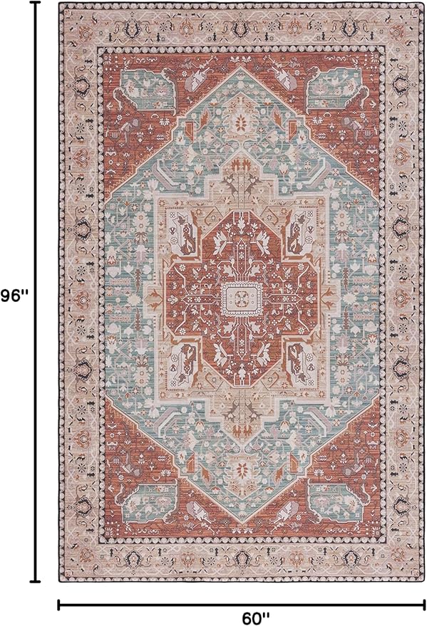 SAFAVIEH Washable Rug Tucson Collection - 5' x 8', Aqua & Rust, Slip Resistant & Easy to Clean, Ideal for Living Room, Bedroom, Dining Space (TSN150J)