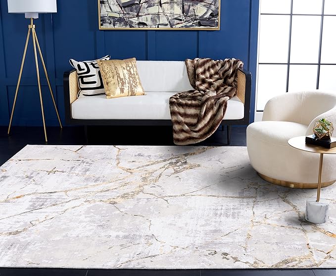 SAFAVIEH Amelia Collection Area Rug - 10' x 14', Grey & Gold, Modern Abstract Design, Non-Shedding & Easy Care, Ideal for High Traffic Areas in Living Room, Bedroom (ALA293G)