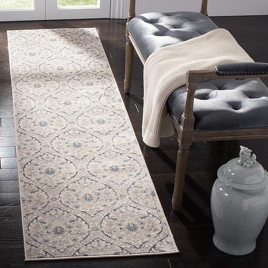 SAFAVIEH Brentwood Collection Runner Rug - 2' x 12', Light Grey & Blue, Floral Damask Ogee Trellis Design, Non-Shedding & Easy Care, Ideal for High Traffic Areas in Living Room, Bedroom (BNT860G)