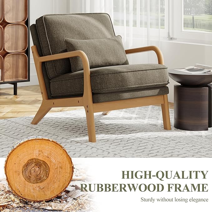 Accent Chair Set of 2 with Solid Wood Frame, Mid-Century Relaxing Armchair Lumbar Pillow& Soft Cushion, Reading Leisure Chair for Living Room, Bedroom, Waiting Room-Green