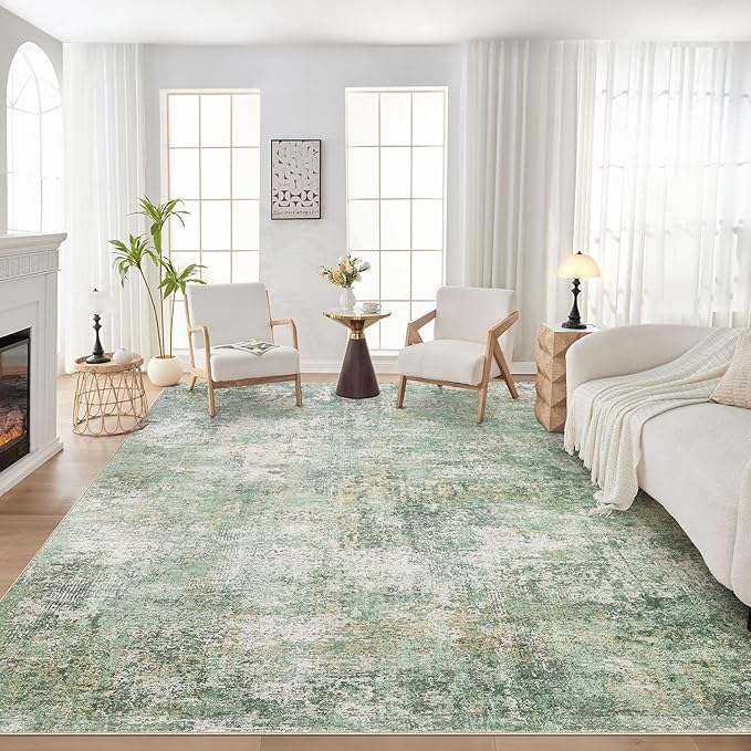 Area Rug Living Room Rugs - 8x10 Washable Large Soft Indoor Neutral Modern Abstract Low Pile Rug Carpet for Bedroom Dining Room Farmhouse Home Office - Green Grey