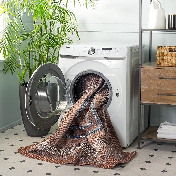 SAFAVIEH Washable Rug Outdoor Braided Collection - 7' Round, Brown & Multi, Handmade & Reversible, Non-Shedding & Easy to Clean, Ideal for Patio, Backyard, Mudroom (BRD313A)