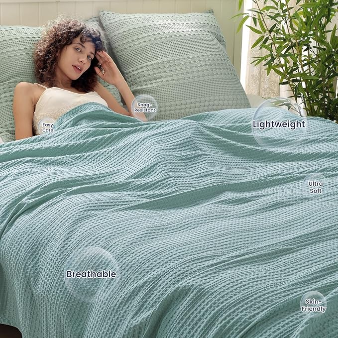 PHF Lightweight Waffle Weave Blanket Twin Size 66"x 90", Soft Woven Summer Blanket for Hot Sleepers - Aesthetic Home Decor for Couch Bed Sofa, Pet Friendly, Dusty Blue