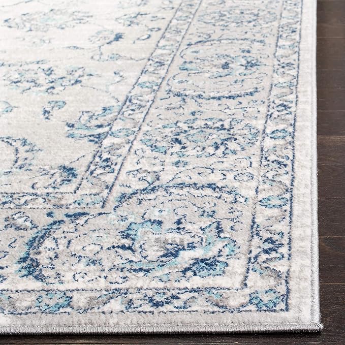 SAFAVIEH Brentwood Collection Area Rug - 11' Square, Light Grey & Blue, Oriental Floral Scroll Design, Non-Shedding & Easy Care, Ideal for High Traffic Areas in Living Room, Bedroom (BNT854G)