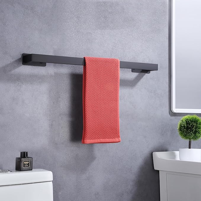 LANC Matte Black 24-Inch Bath Towel Rack Self-Adhesive Bathroom Towel Bar for Wall Mounted and Drill Free Towel Rod, Sticky on Kitchen Bathroom Towel Holder Stainless Steel, A8310MB-L6