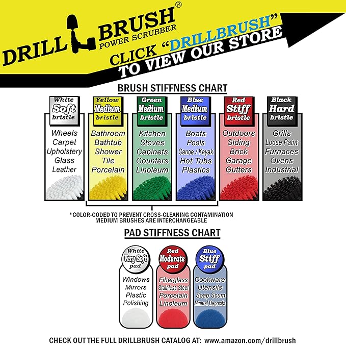 Drill Brush - Bathroom - Power Scouring Pads - Shower Cleaner - Scrub Brush - Shower Doors - Bathroom Sink - Tub - Bath Mat - Baseboard - Vinyl Flooring - Mineral Deposits - Hard Water Stain Remover