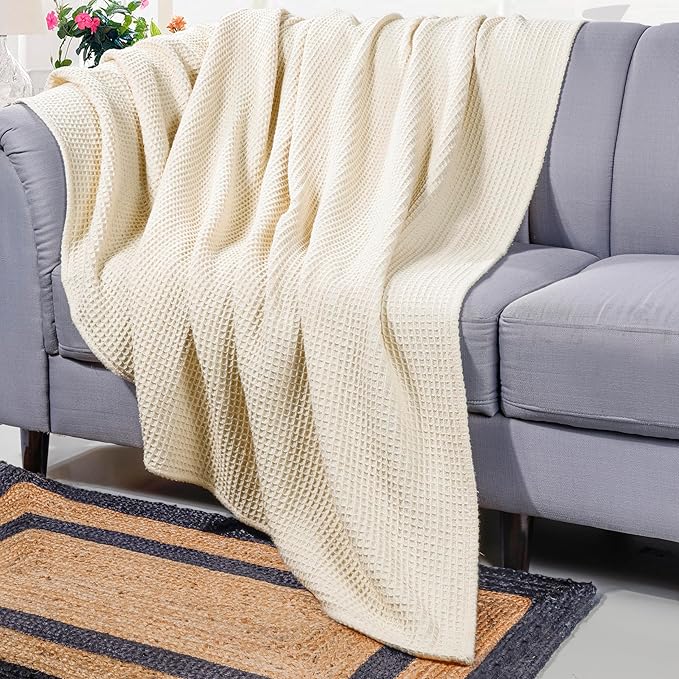 Bed & Bath Home Premium 100% Cotton Waffle Weave Blanket Twin Size – Soft Breathable Lightweight Comfort, Natural All-Season Bed Blanket, Easy-Care Bedspread for Bed & Couch (Ivory)
