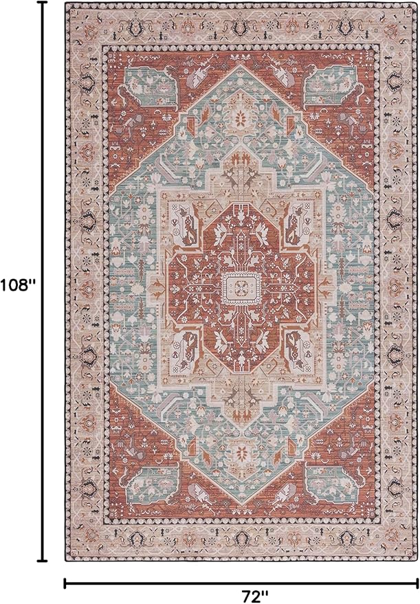 SAFAVIEH Washable Rug Tucson Collection - 6' x 9', Aqua & Rust, Slip Resistant & Easy to Clean, Ideal for Living Room, Bedroom, Dining Space (TSN150J)