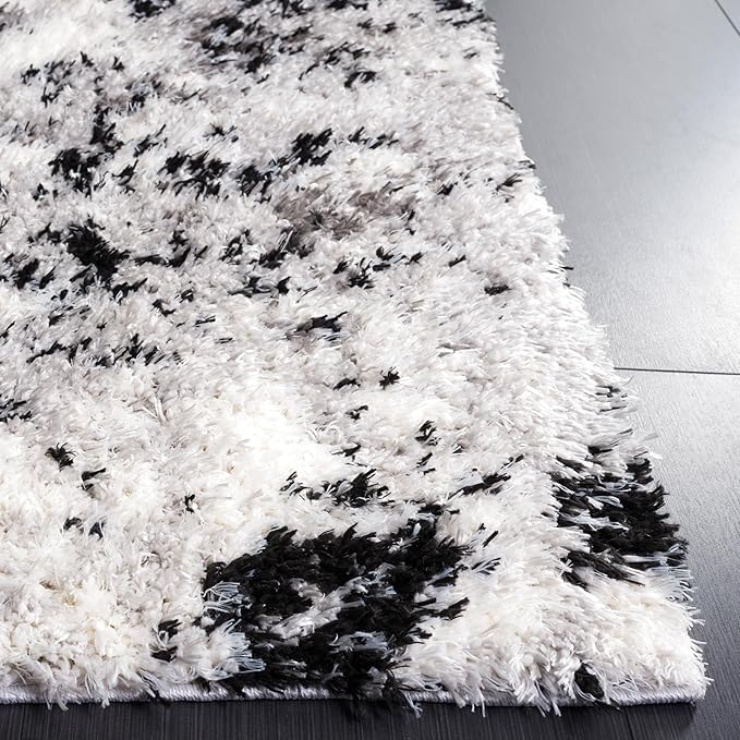 SAFAVIEH Lindsay Shag Collection Area Rug - 9' x 12', Grey & Black Ivory, Modern Design, 2-inch Thick, Ideal for The Living Room, Dining, Bedroom (LNS556G)