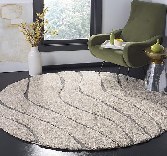 SAFAVIEH Florida Shag Collection Area Rug - 6'7" Round, Cream & Grey, Non-Shedding & Easy Care, 1.2-inch Thick Ideal for High Traffic Areas in Living Room, Bedroom (SG472-1180)