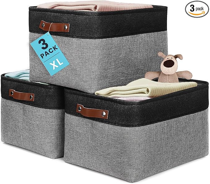 OrganiHaus Extra Large Fabric Storage Baskets for Shelves 3 Pack, 16x13in Closet Storage Bins for Shelves, Canvas Baskets for Organizing, Linen Closet Organizers, Cloth Basket, Gray/Black