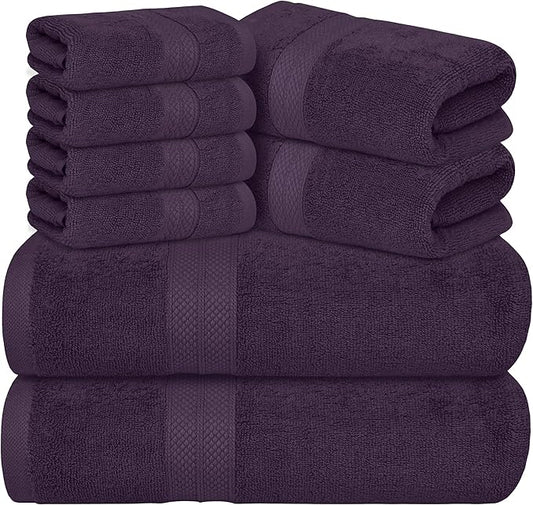 Avalon Towels Luxury 8 Piece Plum Towels Set, 2 Bath Towels, 2 Hand Towels and 4 Washcloths, 600 GSM 100% Ring Spun Cotton Highly Absorbent Plum Bathroom Towels, Ideal for Hotel, Spa and Gym