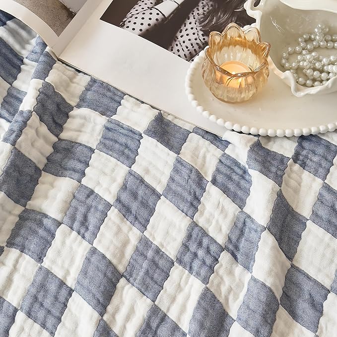 Ultra Soft Cozy 6-Layer Muslin 100% Cotton Checkered Throw Blanket Breathable Lightweight Checkboard Bed Blankets Decorative for Sofa Bed All Seasons Both Sides (Blue, Throw 50"x60")