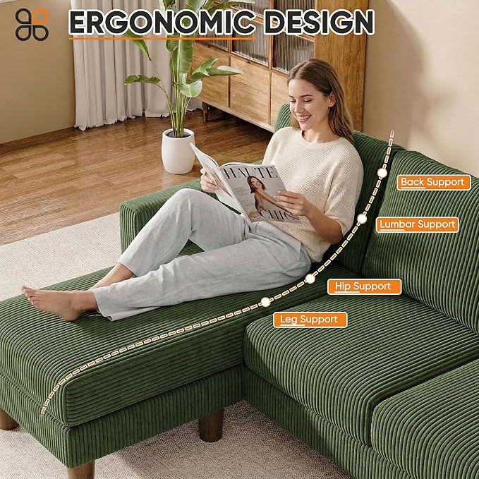 JUMMICO L Shape Sectional Sofa Couch, 3 Seat Convertible Sofa with Movable Ottoman and Side Storage Pockage, Modern Sofa Small Couches for Living Room & Apartment and Small Space (Corduroy, Green)