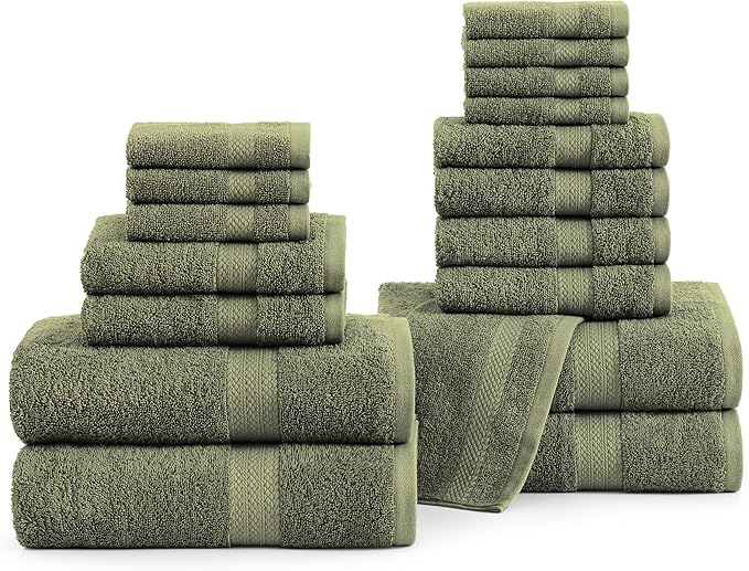 LANE LINEN 100% Cotton Bath Towel Set of 18 - Softer, High Absorbency & Durable - 4 Bath, 8 Wash Cloth, 6 Hand Towels for Bathroom - Premium Look, Spa Quality, Solid Dyed Towels - Oil Green