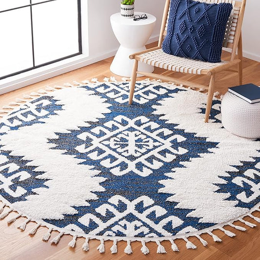 SAFAVIEH Moroccan Tassel Shag Collection Area Rug - 6'7" Round, Navy & Ivory, Trellis Design, Non-Shedding & Easy Care, 2-inch Thick Ideal for High Traffic Areas in Living Room, Bedroom (MTS652N)
