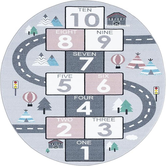 SAFAVIEH Washable Rug Kids Playhouse Collection - 3'3" Round, Grey & Pink, Slip Resistant & Easy to Clean, Ideal for Kids Room, Playroom, Nursery, Boys & Girls Room (KPH226A)