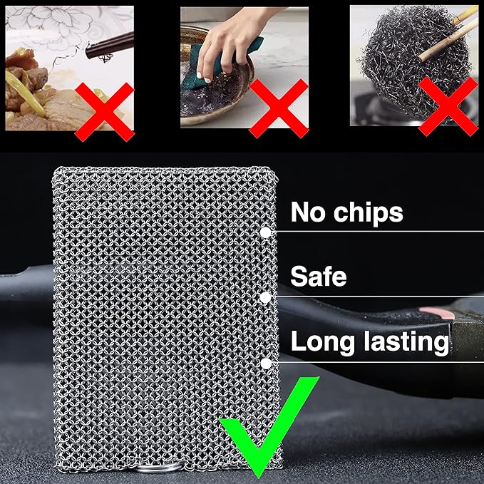Cast Iron Cleaner Chainmail Scrubber -Fine Ring- 316 Stainless Steel Scrubbing Sponge Skillet – Dish Scrubber - Built-in Silicone with Welded Rings - for Cast Iron Pots, BBQ, Dishes (Standard)