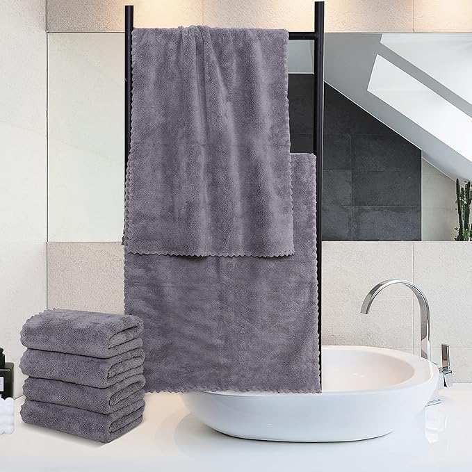 6 Pack Premium Hand Towels - Quick Drying - Microfiber Coral Velvet Highly Absorbent Towels - Multipurpose Use as Hotel, Bathroom, Shower, Spa, Hand Towel 16 x 28 inches (Light Grey)