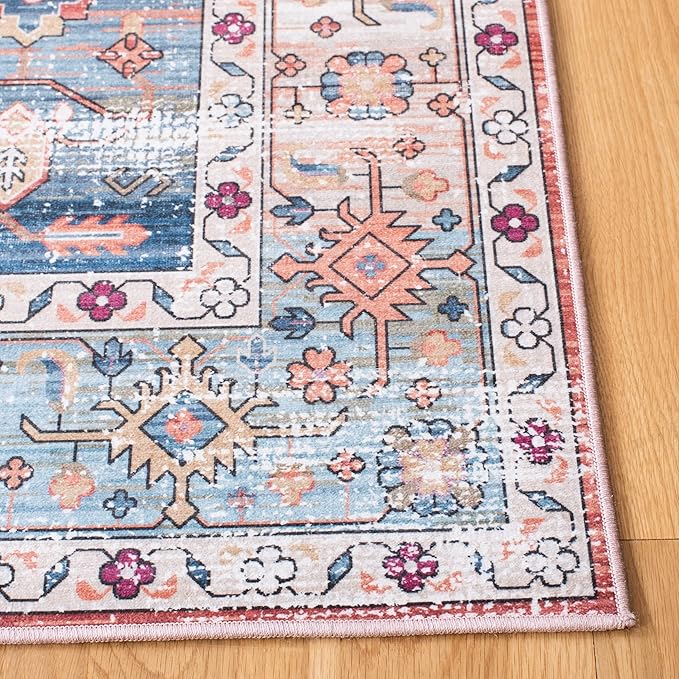 SAFAVIEH Washable Rug Tucson Collection - 2'6' x 8' Runner, Beige & Blue, Slip Resistant & Easy to Clean, Ideal for Hallway, Foyer, Entryway, Bedroom (TSN109B)
