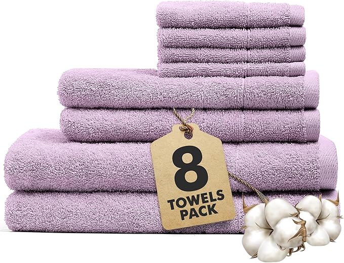 Bath Towels Set of 8 – 100% Cotton (Lilac) Bathroom Towel Set Bale Includes 2 Bath, 2 Hand, 4 Face Towels – Soft, Absorbent & Quick Dry Towel for Bathroom, Spa, Kitchen, Hotel Use