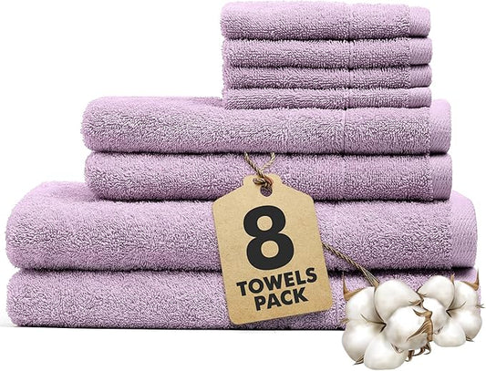 Bath Towels Set of 8 – 100% Cotton (Lilac) Bathroom Towel Set Bale Includes 2 Bath, 2 Hand, 4 Face Towels – Soft, Absorbent & Quick Dry Towel for Bathroom, Spa, Kitchen, Hotel Use