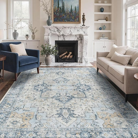GENIMO 9x12 Area Rugs for Living Room, Machine Washable Non Slip Vintage Rugs, Low Pile Lightweight Chenille Print Rug for Bedroom, Dining Room, Home Office, Blue
