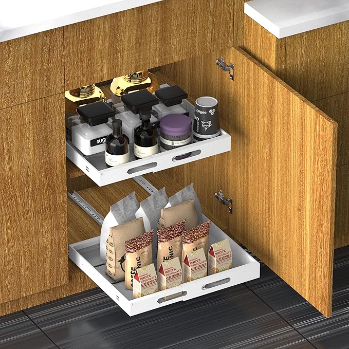 Expandable Pull Out Cabinet Organizer 17" Deep, Adhesive Pull Out Drawers For Cabinets 13.4"W - 19.7"W，No Drill Pull Out Cabinet Organizer Expandable, Expandablet Drawer For Kitchen, Pantry, Bathroom