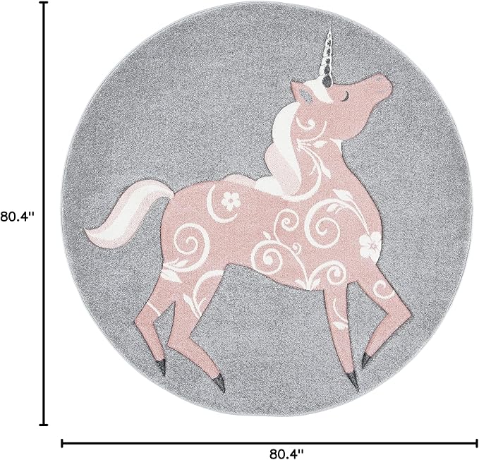 SAFAVIEH Carousel Kids Collection 6'7" Round Grey/Pink CRK163F Unicorn Non-Shedding Playroom Nursery Bedroom Area Rug