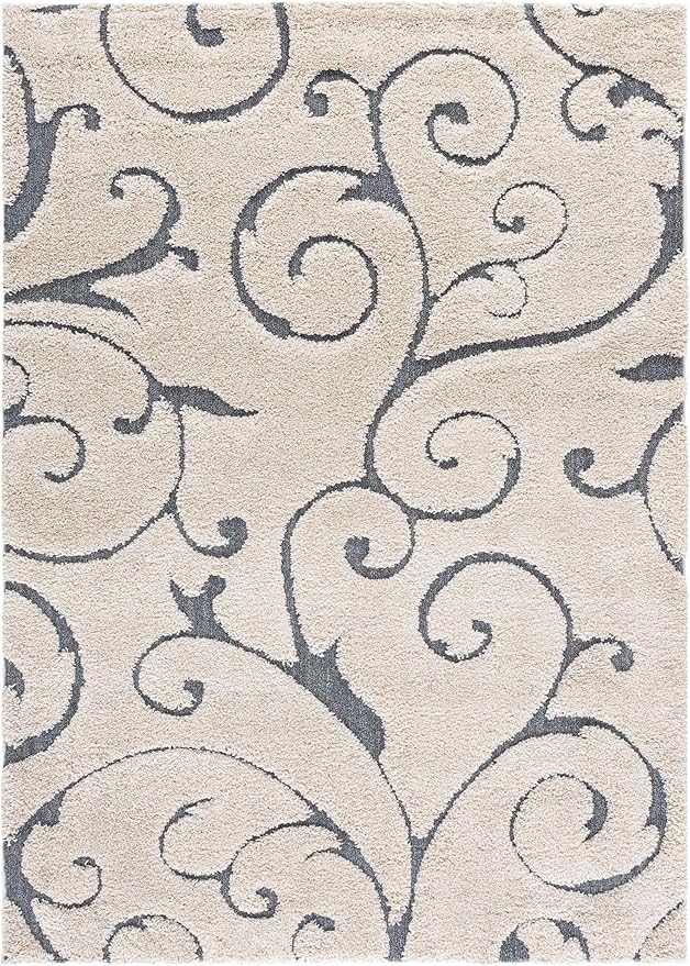 SAFAVIEH Florida Shag Collection Area Rug - 6' x 9', Beige & Blue Grey, Scroll Design, Non-Shedding & Easy to Clean, High-Low Plush Pile, Ideal for Living Room, Bedroom, Dining Space (SG455-1155)